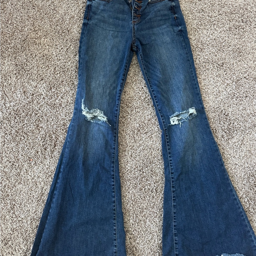 Sneak Peek Distressed Dark Blue Flare Jeans